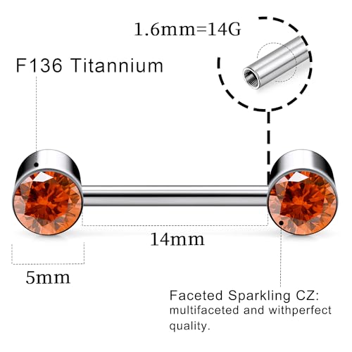 14G ASTM F136 Titanium Nipple Piercing Jewelry Round CZ Nipple Barbell Jewelry Internally Threaded G23 Solid Titanium Nipple Piercing Barbell Ring Jewelry for Women Men 14 Gauge - style: Orange CZ