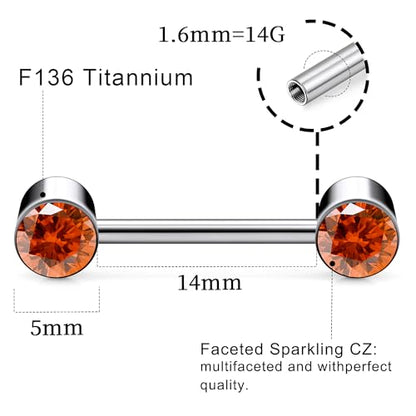 14G ASTM F136 Titanium Nipple Piercing Jewelry Round CZ Nipple Barbell Jewelry Internally Threaded G23 Solid Titanium Nipple Piercing Barbell Ring Jewelry for Women Men 14 Gauge - style: Orange CZ
