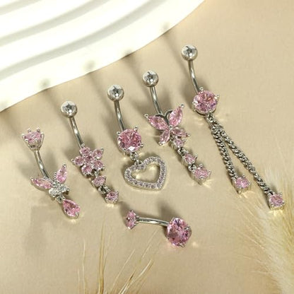 TIANCI FBYJS Surgical Stainless Steel Dangle Belly Button Rings for Women Belly Ring Dangling Piercing Jewelry with Heart Flower Butterfly Silver 14G - color: pink