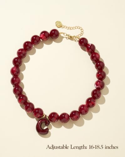 DoDoBeads Chunky Colorful Beaded Initial Necklace, Bubble Letter Choker | Gift box and dust pouch included; waterproof and sweat-resistant with real gold plated stainless steel hardware - color: BlackCherry-C