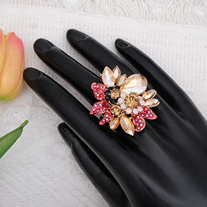 CSY Luxury Froral Cocktail Statement Rings Stretch Adjustable Ring | Gorgeous Women's Austrian Crystal Leaves Flower Big Cocktail Statement Rings Stretch Adjustable Ring Jewelry Accessories - color: red and champagne