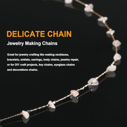 KYUNHOO 16.4FT Light Pink Natural Gemstone Jewelry Making Chain Supplies | Gold Plated Brass Chains Bulk Stone Link Chain Roll witj Clasps for Crafts DIY Jewelry Findings - color: Natural Stone-Light Pink