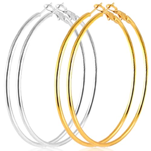 70mm Big Large Stainless Steel Gold Silver Hoop Earrings for Women | Hypoallergenic, Thin, 14K Gold Plated, Lightweight Dangle - color: 70mm-2 Pairs Gold/Sliver