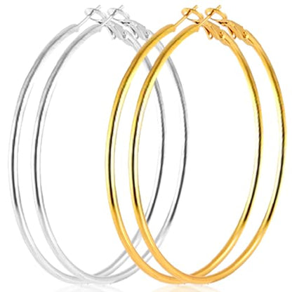 70mm Big Large Stainless Steel Gold Silver Hoop Earrings for Women | Hypoallergenic, Thin, 14K Gold Plated, Lightweight Dangle - color: 70mm-2 Pairs Gold/Sliver