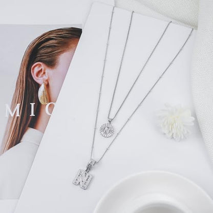 14K Gold Plated Alphabet Necklace Cubic Zirconia Letter Pendant, Personalized Name Jewelry Gift for Women, Customizable A-Z, Birthday/Mothers Day Gifts for Womens - color: White Gold, style: Style-N