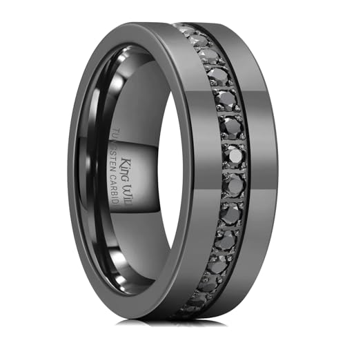 King Will Mens Tungsten Wedding Band with Cubic Zircon Inlay 7mm/8mm Flat Cut Comfort Fit Engagement Rings - color: Gunmetal&Black