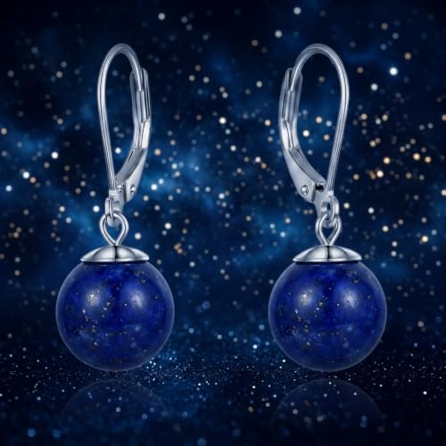 Pearl Leverback Earrings for Women Dangle Round Gemstone Earrings Birthstone Jewelry Gift Anniversary for Her - color: 19 lapis lazuli