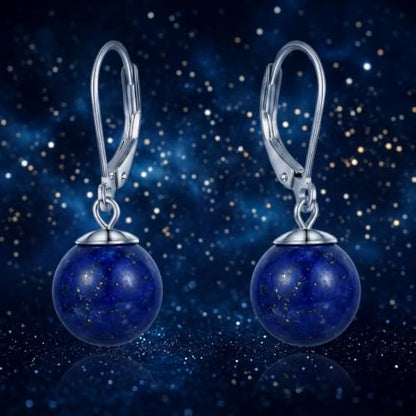 Pearl Leverback Earrings for Women Dangle Round Gemstone Earrings Birthstone Jewelry Gift Anniversary for Her - color: 19 lapis lazuli