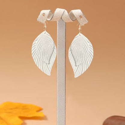 Handmade Bohemian Large Soft Genuine Leather Fringe Double Feather Dangle Drop Earrings Lightweight Simple Color PU Leaf Hook Earrings for Women - color: White