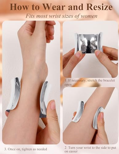 2Pcs Cuff Bangle Bracelet for Women Open Wide Bangle Bracelet Set | minimalist statement bangle bracelets，wrist cuff wrap bracelet adjustable，open wide wire grooved hammered bracelet set - color: 2PCS-Sliver-E
