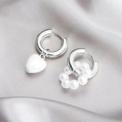 Asymmetric Silver Plated Huggie Hoop Earrings for Women, Heart Charm & Faux Pearl Beaded Drop Earrings for Everyday Wear