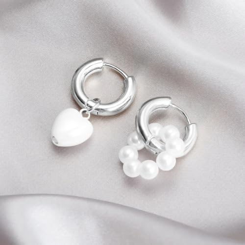 Asymmetric Silver Plated Huggie Hoop Earrings for Women, Heart Charm & Faux Pearl Beaded Drop Earrings for Everyday Wear