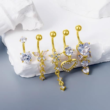 Vsnnsns 14G Dangle Belly Button Ring Piercing Jewelry 316L Stainless Surgical Steel Snake Heart Butterfly Flower Diamond CZ Navel Rings Dangling Belly Button Ring Piercing Jewelry for Women 14 Gauge - color: Gold-Clear CZ