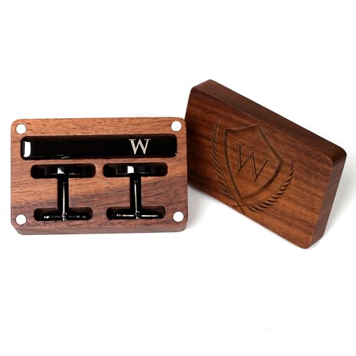 Mens Initial Cufflinks and Tie Clip A-Z Alphabet Letter Black Stainless Cuff Links Tie Bar with Engraved Walnut Wood Box Groom Groomsman Wedding Set - style: Classic-W