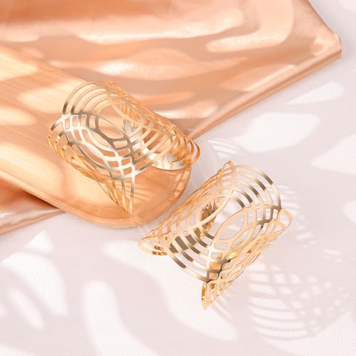 2Pcs Cuff Bangle Bracelet for Women Open Wide Bangle Bracelet Set | minimalist statement bangle bracelets，wrist cuff wrap bracelet adjustable，open wide wire grooved hammered bracelet set - color: 2PCS-Gold-G