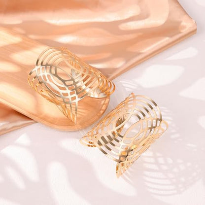 2Pcs Cuff Bangle Bracelet for Women Open Wide Bangle Bracelet Set | minimalist statement bangle bracelets，wrist cuff wrap bracelet adjustable，open wide wire grooved hammered bracelet set - color: 2PCS-Gold-G