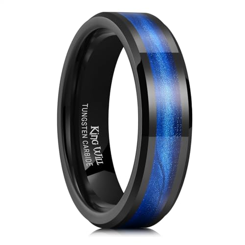 King Will Mens Galaxy Tungsten Wedding Band | 6mm/8mm, Beveled Edge, Comfort Fit, Durable, Sandstone Opal Inlay Polished, Everyday Wear - color: Black&Blue-6mm