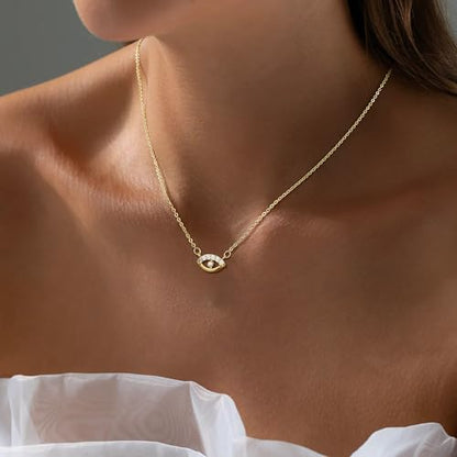 Gold Necklace For Women, Layered 14K Real Gold Plated Necklaces For Women,Dainty Gold Paperclip Chain Tear Circle CZ Pendant Necklace Stack,Trendy Gold Jewelry Set Gifts - style: Evil Eye Choker-Gold