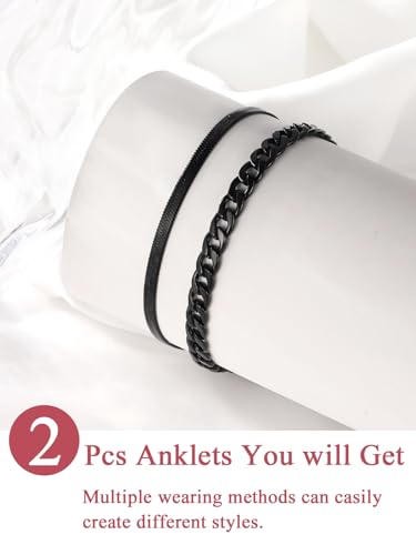 FOCALOOK Anklet Bracelets Set for Women, 14K Gold Plated Layered Anklet Set | Adjustable for Large Ankle, Cuban/Snake/Figaro/Paperclip Chain, Waterproof & Non Tarnish for Everyday Wear, Beach & Summer - color: A:2Pcs-Anklet Set-Black
