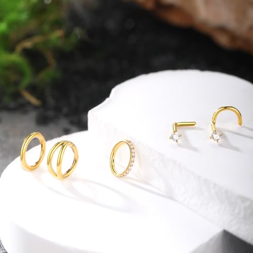 Xpircn 5pcs Hoop Nose Rings and L Shaped Nose Rings Stud Set 18G/20G Stainless Steel CZ Helix Conch Daith Tragus Cartilage Hoop Earrings for Women 6mm 7mm 8mm 10mm - color: Gold, size: 18G, 6mm hoop & 7mm studs