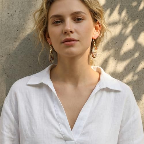 Natural Healing Teardrop Stone Leverback Dangle Drop Earrings Statement Gold earrings - color: khaki-Gold