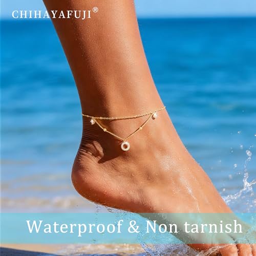 Sterling Silver Ankle Bracelets for Women 14k Gold Plated Waterproof Layered Stackable CZ Charm Non Tarnish Adjustable Anklet for Summer Beach Birthday Jewelry Gift - color: gold E
