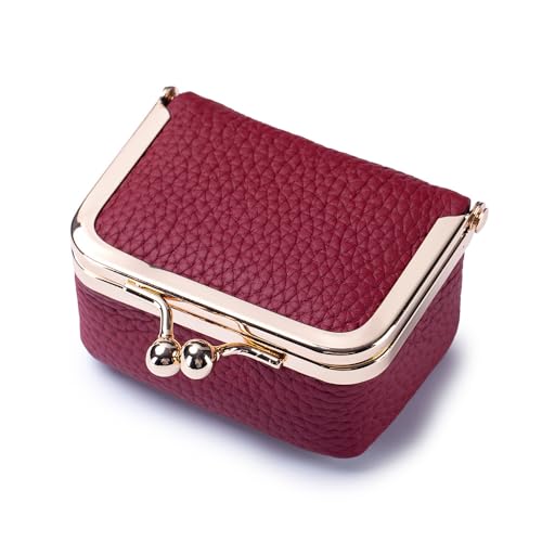 Genuine Leather Mini Jewelry Box & Coin Purse for Women, Travel Jewelry Case with Kiss Lock, Holds Earrings, Rings, Necklace, Bracelet, Coins (Red-L 2.95in) - color: Red-L 2.95in