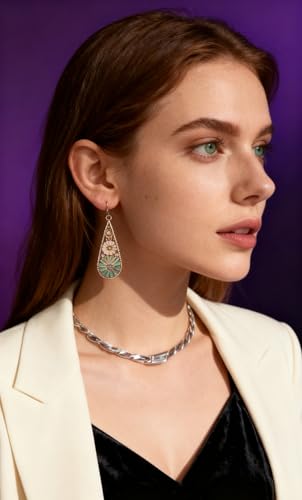 Bohemian Crystal Teardrop Dangle Earrings, Copper, Tribal Geometric Design, Handmade National Style for Women - color: Emerald green