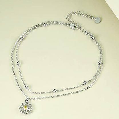 POPLYKE 925 Sterling Silver Double Layered Chain Evil Eye Daisy Sunflower Butterfly Anklets for Women Holiday Beach Crystal Ankle Bracelet Dainty Evil Eye Jewelry - style: Daisy Anklet