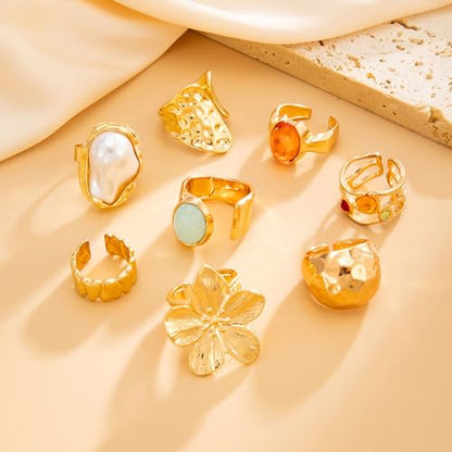 Gold Rings for Women Non Tarnish Stackable Rhinestone Moon Star Rings Dainty Stacking Pearl Butterfly Midi Pinky Thumb Joint Finger Knuckle Ring Set Gold Non Tarnish Jewelry Gifts Trendy Stuff - color: T Chunky Gold Rings 8Pcs