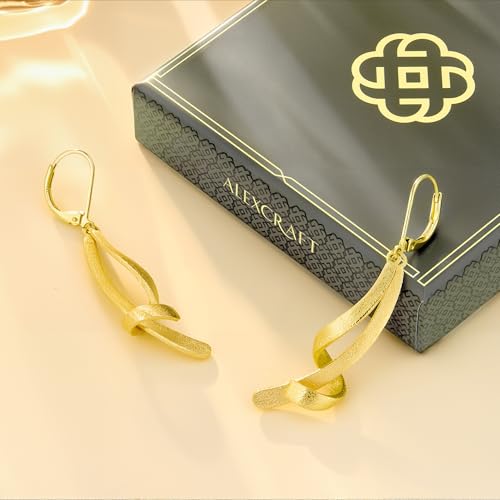 ALEXCRAFT 14K Gold/Silver Twisted Brushed Tassel Dangle Earrings for Women | Hypoallergenic Elegant Lightweight Long Twisted Tassel Dangling Drop Leverback Earrings for Women Trendy Jewelry Gifts in Box - color: Brushed_Gold