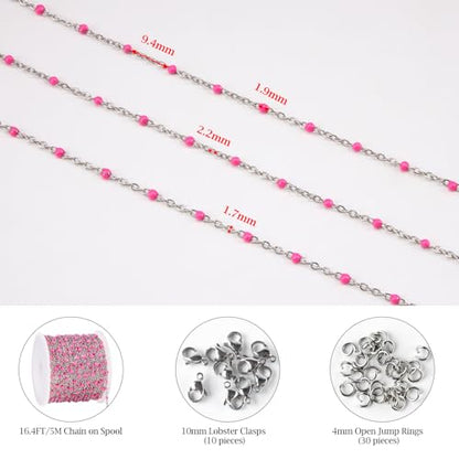 KYUNHO 16.4 Feet Rose Red Enamel Bead Chain Jewelry Supplies for Crafting | Stainless Steel Cable Chain Links on Roll Silver Chains for Jewelry Making with Jump Rings Lobster Clasps - color: Silver-Rose-2mm