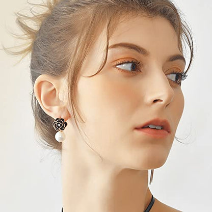 Fashion Design Faux Pearl Charm Flower Dangle Drop Earrings Studs For Women - color: Black