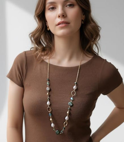 Long Gold Necklaces for Women Trendy Beaded Chain Necklace Chunky Costume Jewelry Gifts for Her - color: Green Agate