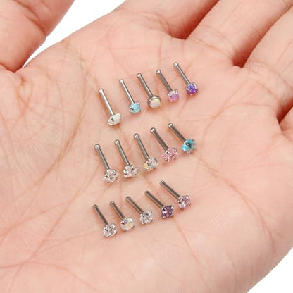 Hoeudjo Opal Nose Studs Surgical Steel Nose Rings Studs Cubic Zirconia L Shaped Nose Piercing Jewelry for Women 20G 18G - color: straight nose studs,18g
