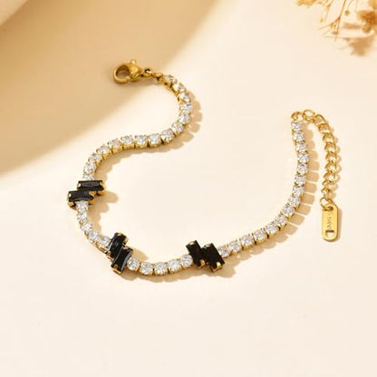 18K Gold Plated Cubic Zirconia Tennis Bracelet for Women Sparkling Stackable Stainless Steel Jewelry Hypoallergenic Tarnish Resistant Bridal Gift - color: Black Baguette CZ-Gold