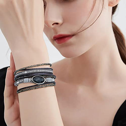 Leather Wrap Bracelet Set 3Pack Wrist Cuff Bracelet for Women Multilayer Magnetic Clasp Bracelet Feather Tree Bead Crystal Bracelet - color: Three Crystal