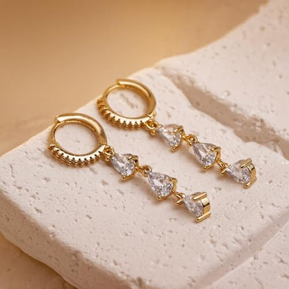Sonateomber Gold Silver Small Hoop Dangle Earrings for Women, Trendy Dainty Rhinestone CZ Dangling Prom Wedding Leaf Flower Snowflake Butterfly Starfish Fashion Jewelry Gift - color: Gold Teardrop