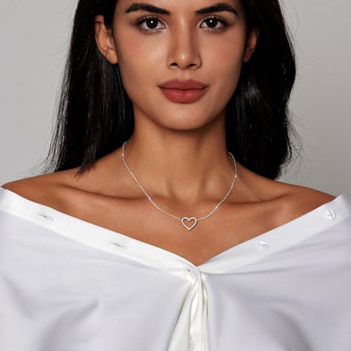 Zeffy Dainty Gold Heart Necklace for Women Trendy 14K Gold/Silver Plate Cute Heart Pendant Choker Necklaces Gold Love Heart Chain Necklace for Women Dainty Gold Jewelry Gifts for Women - style: Open Heart Necklace-Silver