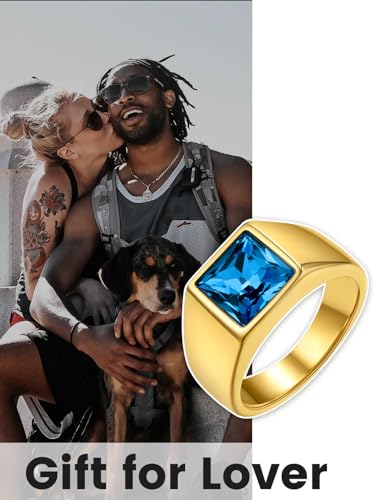 KeyStyle Square Gemstone Signet Rings for Men, Personalized Stainless Steel Pinky Ring with Black Onxy Blue Topaz Birthstone Statement Ring - color: Gold - Blue Topaz - 8mm