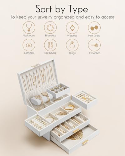 VLANDO Jewelry Box,4-Layer Design with Retractable Tray and 2 Drawers, White - color: D.White, size: 4-Layer