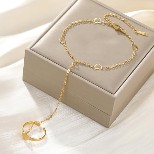 UNIFT Hand Chain Bracelets for Women Set Stainless Steel Adjustable Heart or Four-Leaf Clover Ring Chain Bracelet Trendy Dainty Jewelry Set Gifts - color: gold1