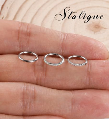 3pcs Nose Rings Hoops - 316L Surgical Steel Hinged Nose Hoops 16G/18G/20G CZ Clicker Septum Nose Ring Lip Helix Cartilage Hoop Earring Daith Rook Conch Body Piercing Jewelry for Women Men 8mm 10mm - color: Silver, size: 16 gauge(1.2mm)-8mm