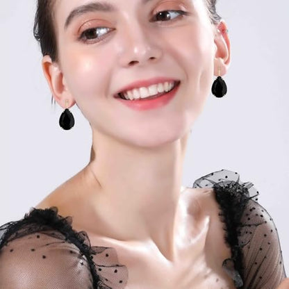 14K Gold Teardrop Crystal Leverback Earrings Sparkly Rhinestone Water Droplet Dangle Drop Earrings For Women - color: Black