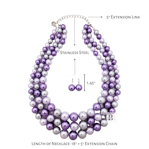 Simulated Pearl Necklace & Earring Set, Multi Strand - color: Lavender Mix