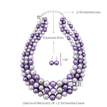 Simulated Pearl Necklace & Earring Set, Multi Strand - color: Lavender Mix