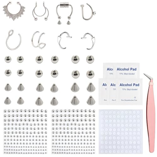 Fake Piercing Body Jewelry, Eyebrow Ring Fake Lip Labret Studs Replacement Balls Spike with Face Gems, y2k Accessories Nose Stick on Silver Belly Button Sticker for Women Men