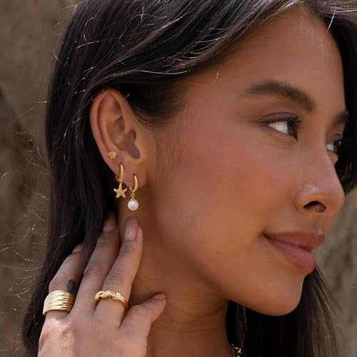 Gold Plated Earrings for Women, 14k Gold Plated Earring Stack Hypoallergenic Pearl Drop Earring Dainty Earrings for Women Trendy Cute Small Huggie Hoop Earring Fashion Womens Jewelry - color: SET18