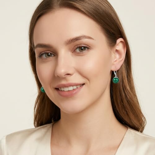 Pearl Leverback Earrings for Women Dangle Round Gemstone Earrings Birthstone Jewelry Gift Anniversary for Her - color: 14 malachite