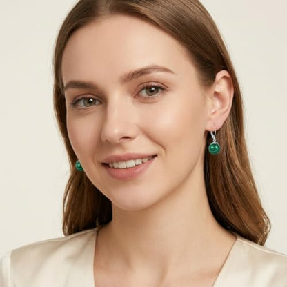 Pearl Leverback Earrings for Women Dangle Round Gemstone Earrings Birthstone Jewelry Gift Anniversary for Her - color: 14 malachite